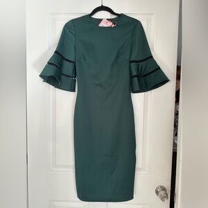 Ted Baker London FILNIO Emerald Green Bell Sleeve Crochet Detail Sheath Dress XS